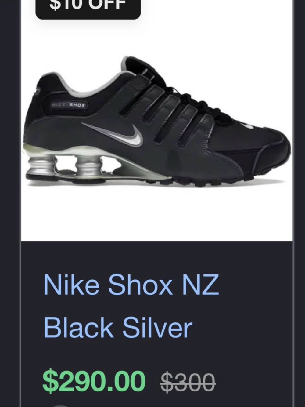 Nike Black and Silver Shox NZ Athletic Sneakers